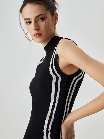 Örme Asimetrik Kontrast Kesim Balıkçı Yaka Midi Elbise