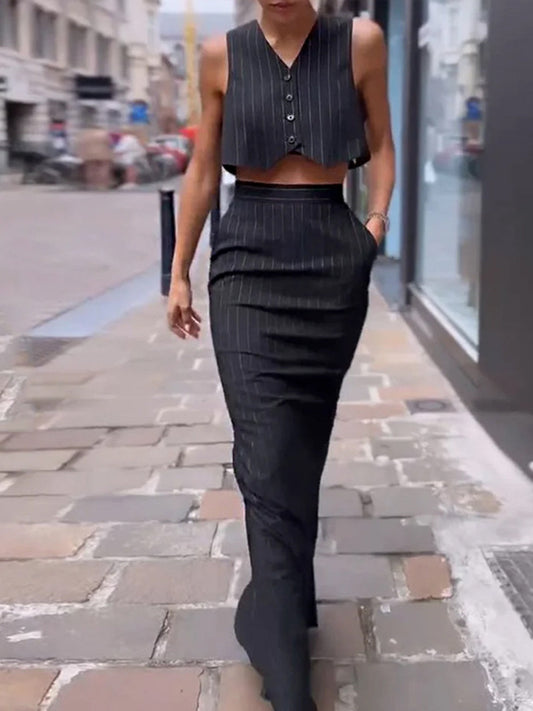 Pinstripe Düğmeli Kırpılmış İki Parça Etek Takımı