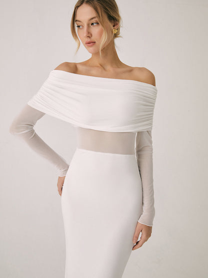 Yarı Şeffaf Omuz Açık File Uzun Kollu Uzun Elbise