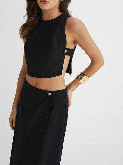 Düz Düğme Detaylı Üst Ve Bölünmüş Uzun Etek Takımı