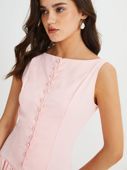 Çok Düğmeli Kolsuz Pileli Midi Elbise