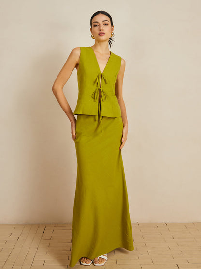 Pamuklu V Yaka Önden Bağlamalı Etek Takımı