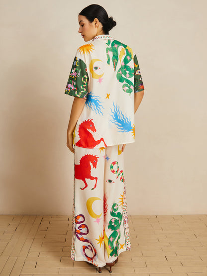 Günlük Shift Keten Karışımı Stil Baskılı Pantolon Takımı