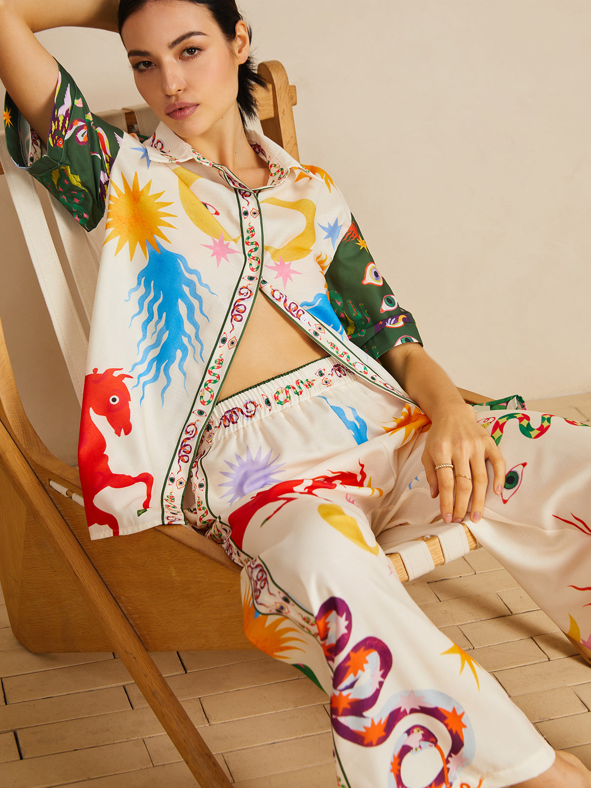 Günlük Shift Keten Karışımı Stil Baskılı Pantolon Takımı