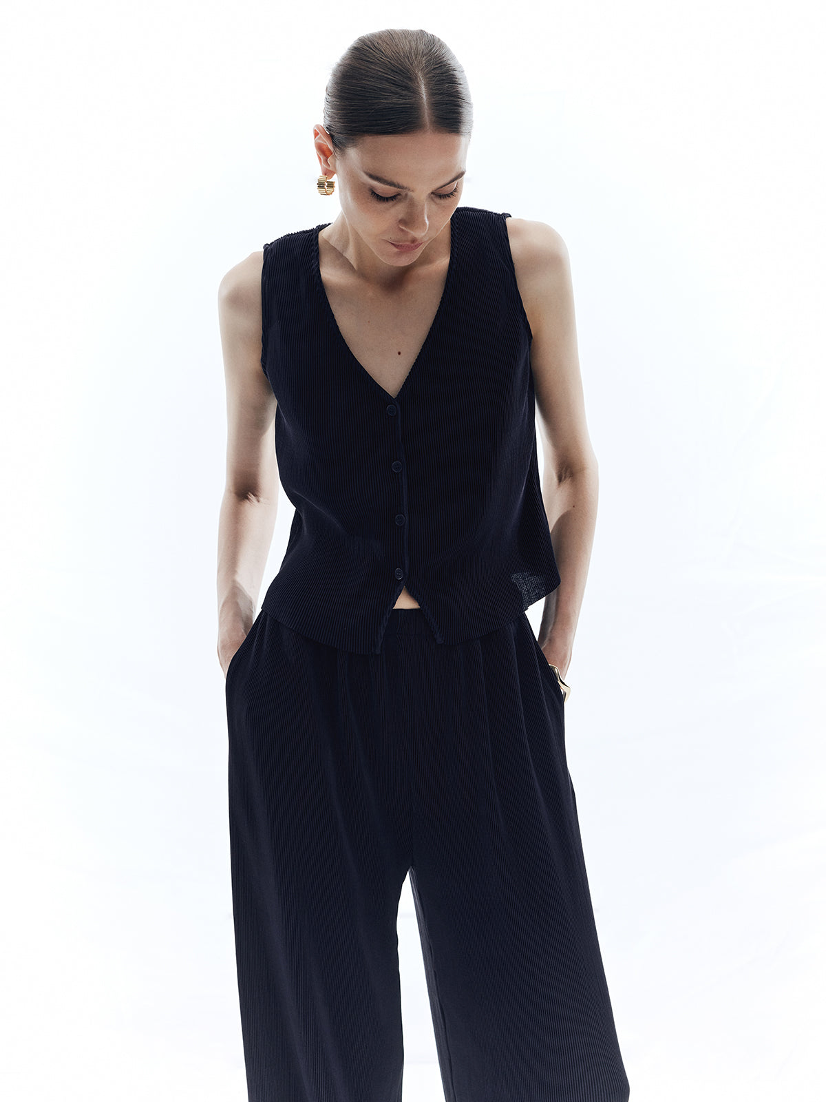 Saten Düz V Yaka Pantolon Takımı