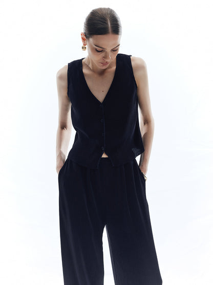 Saten Düz V Yaka Pantolon Takımı