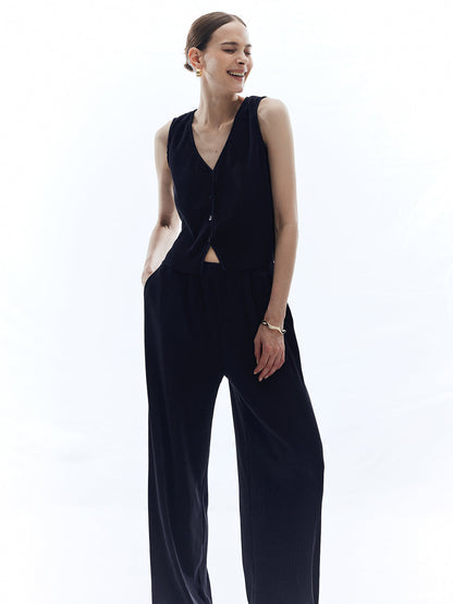 Saten Düz V Yaka Pantolon Takımı