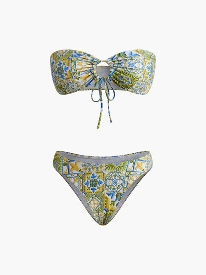 Straplez Baskılı Düğümlü Bikini Takımı