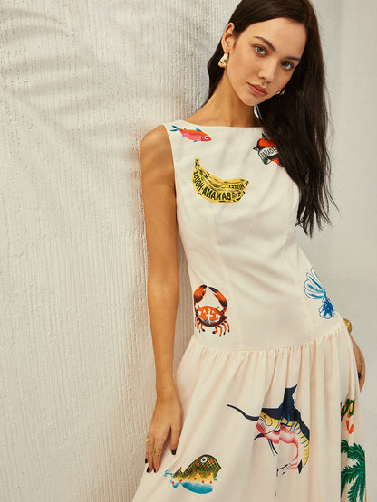 Panel Sırtı Açık Baskılı Elbise