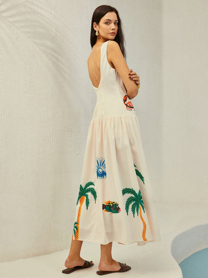 Panel Sırtı Açık Baskılı Elbise