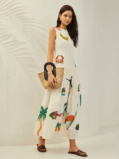 Panel Sırtı Açık Baskılı Elbise