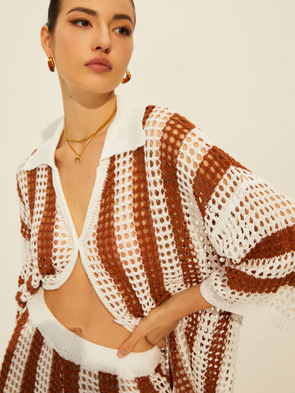 Şeffaf Çizgili Polo Örgü Pantolon Takımı