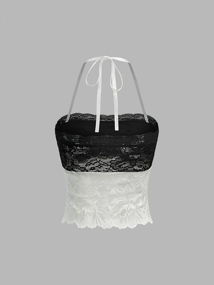 Renk Bloklu Dantel Askılı Üst