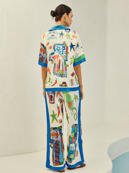 Kontrast Bağlamalı Baskılı Pantolon Takımı