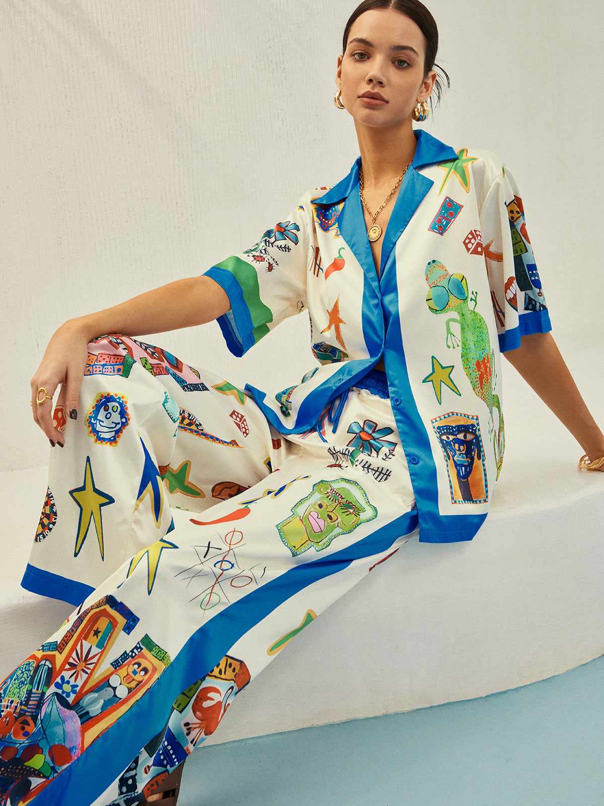 Kontrast Bağlamalı Baskılı Pantolon Takımı