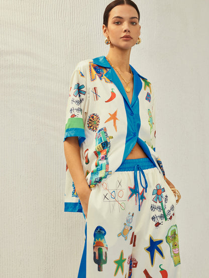 Kontrast Bağlamalı Baskılı Pantolon Takımı