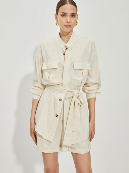 Günlük Pamuklu Ve Keten Şort Takımı Kemerli