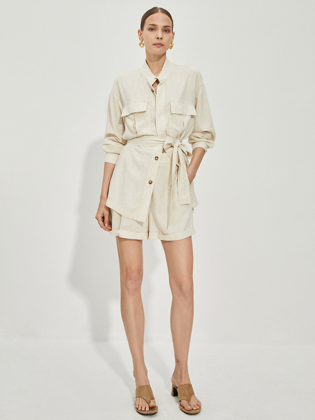 Günlük Pamuklu Ve Keten Şort Takımı Kemerli