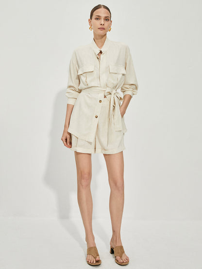 Günlük Pamuklu Ve Keten Şort Takımı Kemerli