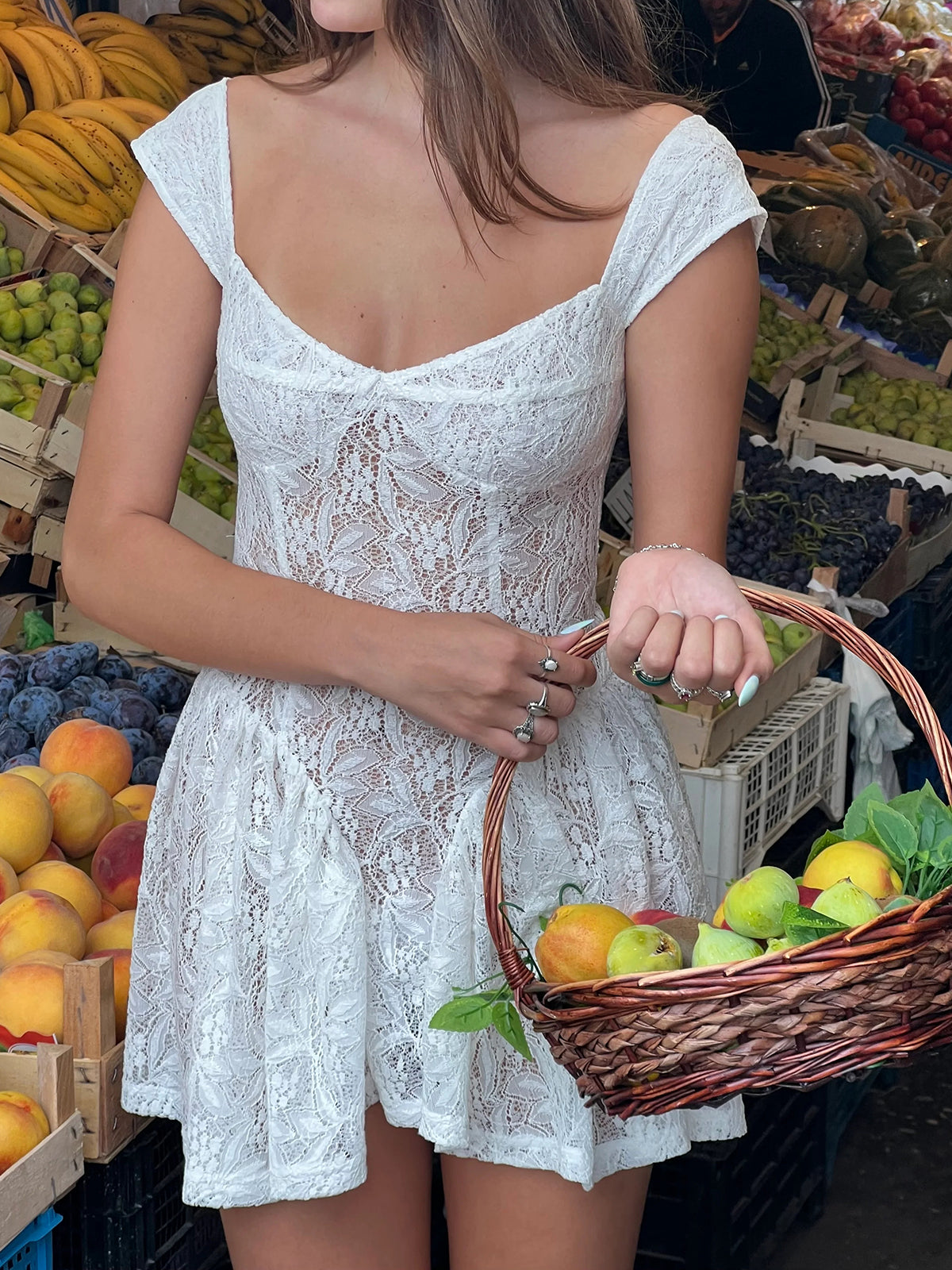 Tatil Dantel Yarı Şeffaf Kısa Elbise