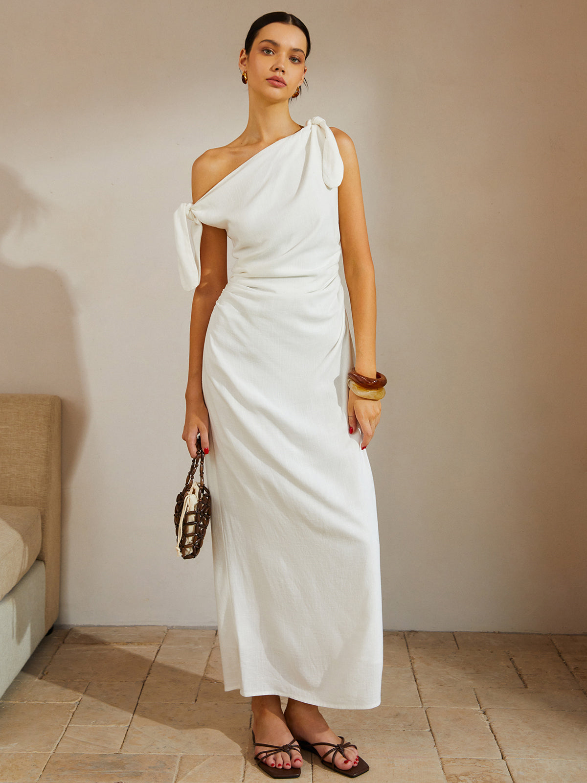 Pamuk Ve Keten Düğümlü Askılı Uzun Elbise