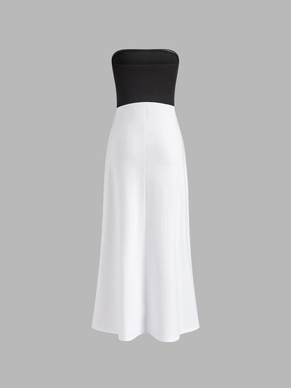 İki Renkli Sırtı Açık Uzun Tüp Elbise