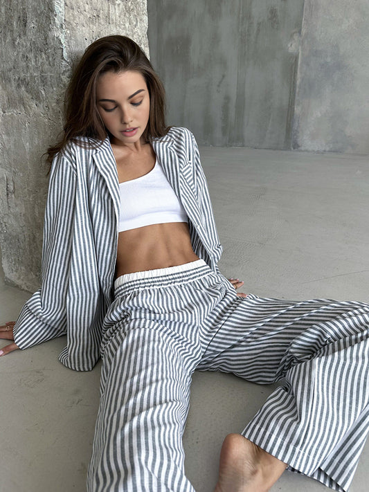 Pinstripe Yaka Uzun Kollu Pantolon Takımı