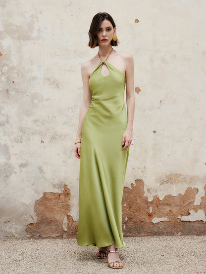 Halter Anahtar Deliği Yaka Sırtı Açık Uzun Elbise