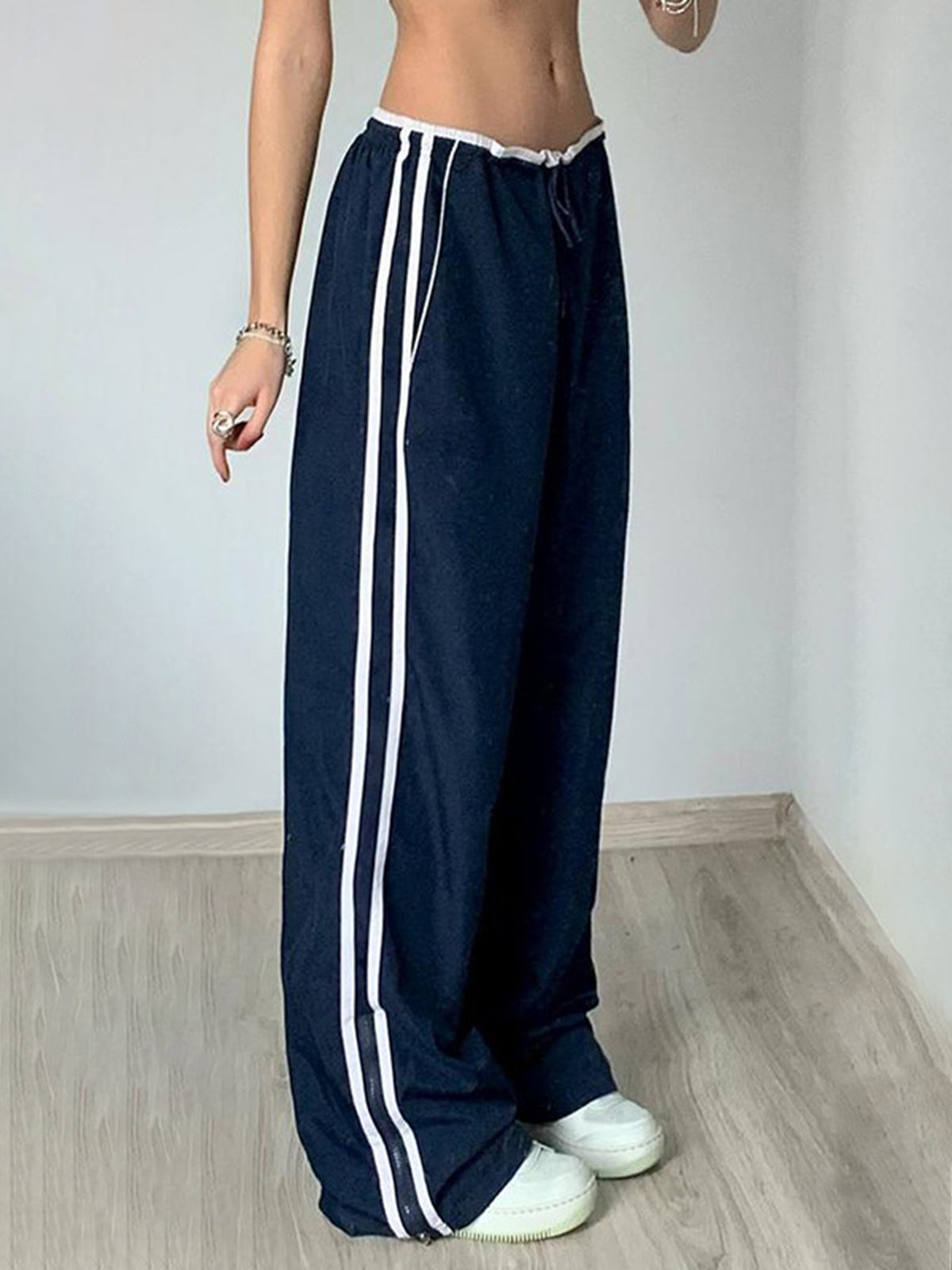 Kontrast Bağlamalı Fermuarlı Uzun Pantolon