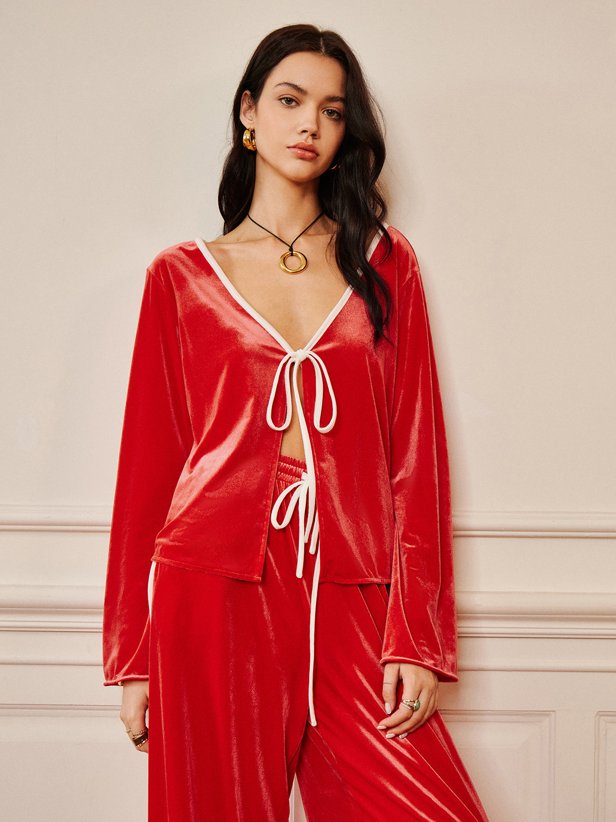 Kadife Bağcıklı Drapeli Pantolon Takımı