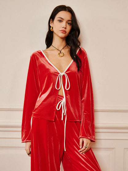 Kadife Bağcıklı Drapeli Pantolon Takımı