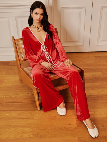 Kadife Bağcıklı Drapeli Pantolon Takımı