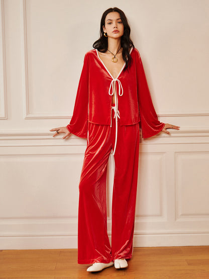 Kadife Bağcıklı Drapeli Pantolon Takımı