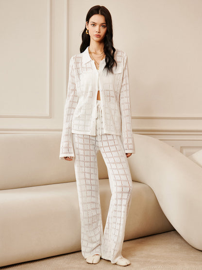 Hollow Plaid Bağcıklı Pantolon Takımı