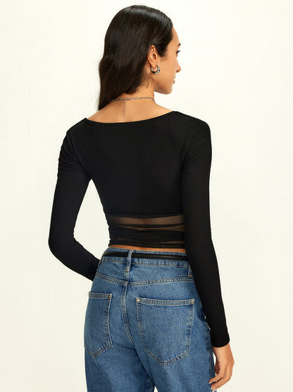 Mesh Kare Yaka Yarı Şeffaf Tişört