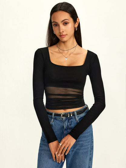 Mesh Kare Yaka Yarı Şeffaf Tişört