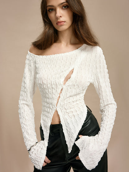 Soğuk Omuz Kesimli Plisse Tişört