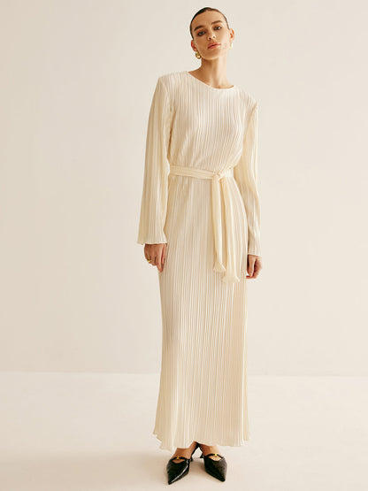 Minimalist Plisse Volanlı Kemerli Elbise