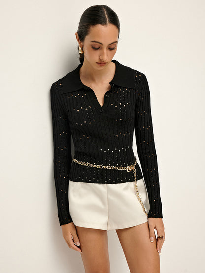 Kemersiz Delikli Düğmeli Polo Kazak