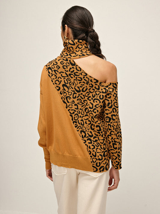 Turtleneck Kesik Leopar Patchwork Örgü Üst