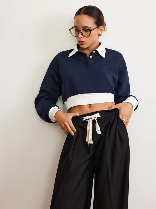 Patchwork Polo Kırpılmış Sweatshirt