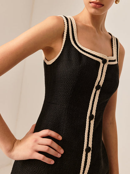 Kontrast Kesim Tweed Tank Elbise