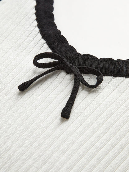 Kontrast Trim Fiyonklu Kırpılmış Kazak Yelek