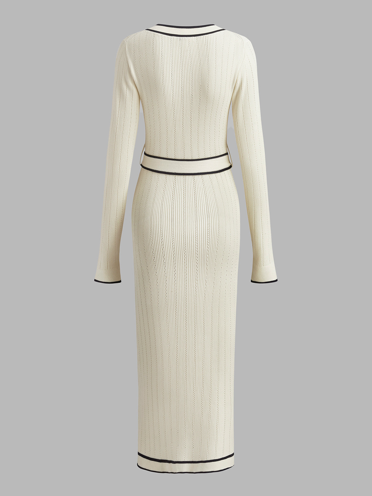 V Yaka Kontrast Kesim Kemerli Kazak Elbise