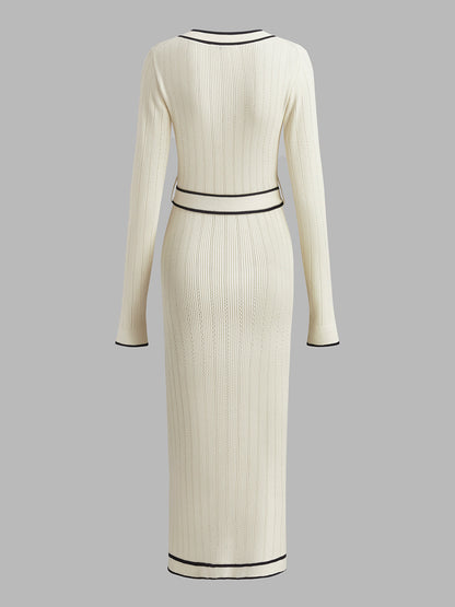 V Yaka Kontrast Kesim Kemerli Kazak Elbise