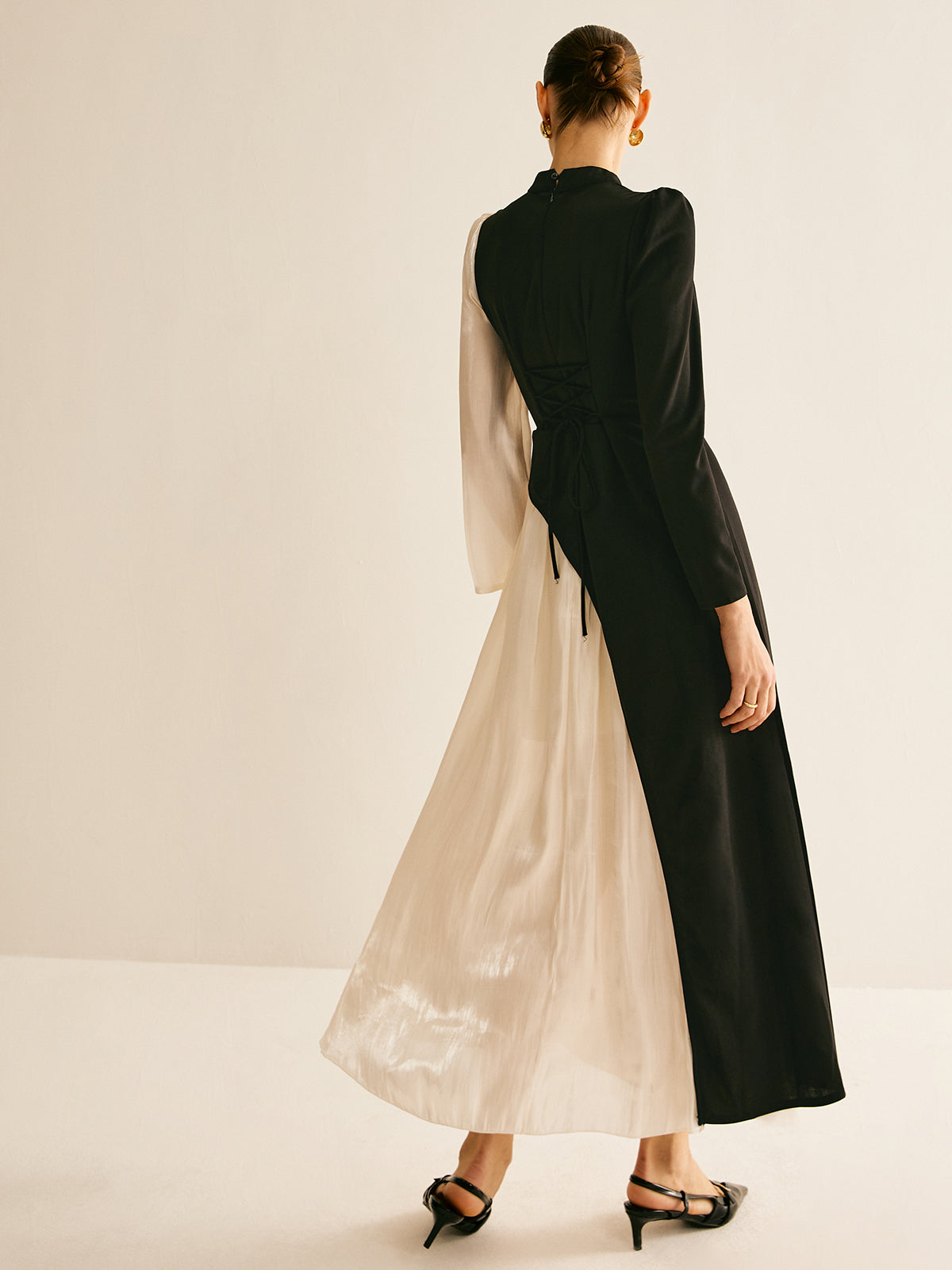 Renk Bloklu Bağcıklı Elbise