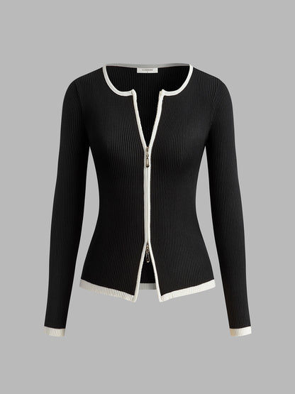 Kontrast Trim Çift Fermuarlı Örgü Üst