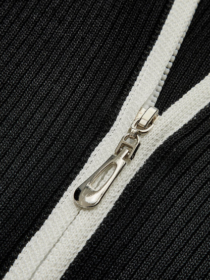 Kontrast Trim Çift Fermuarlı Örgü Üst