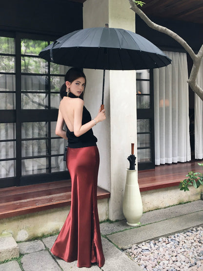 Pliseli Saten Uzun Etek