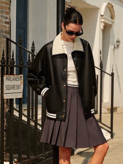 Kontrast Yaka Pu Deri Bomber Ceket